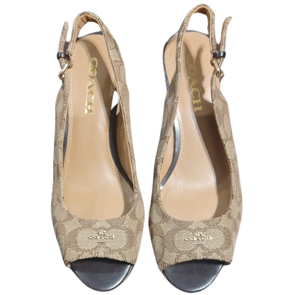 Coach Ferry Monogram Peep Toe Signature Khaki Platform Cork Wedges 7.5 NWOT